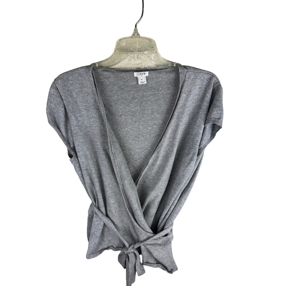 J.Crew Womens XL Grey Short Sleeve Wrap Sweater V-Neck Tie Waist Knit Top